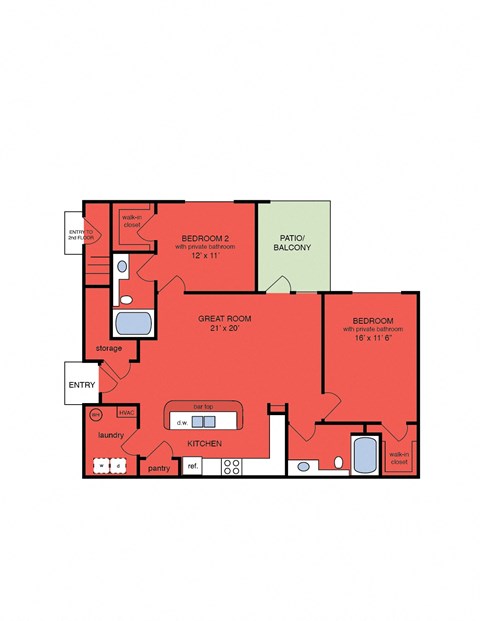Floor plan for 2 beds, 2 baths, 1243 sqft